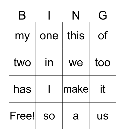 Sight Word Bingo Card