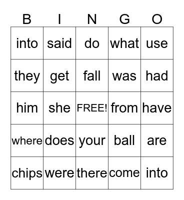Sight Word Bingo Card