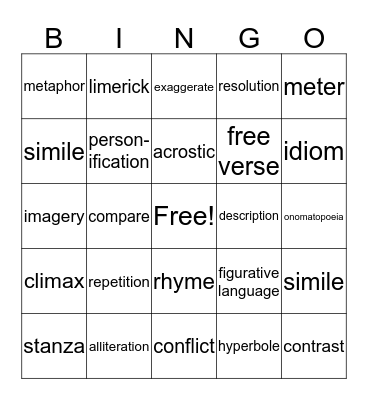 Poetry Bingo Card