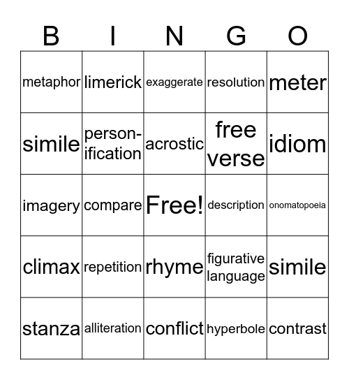 Poetry Bingo Card