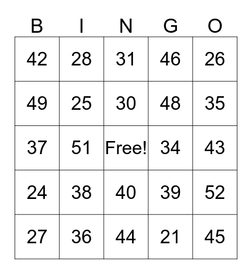 Números 20-50+ Bingo Card