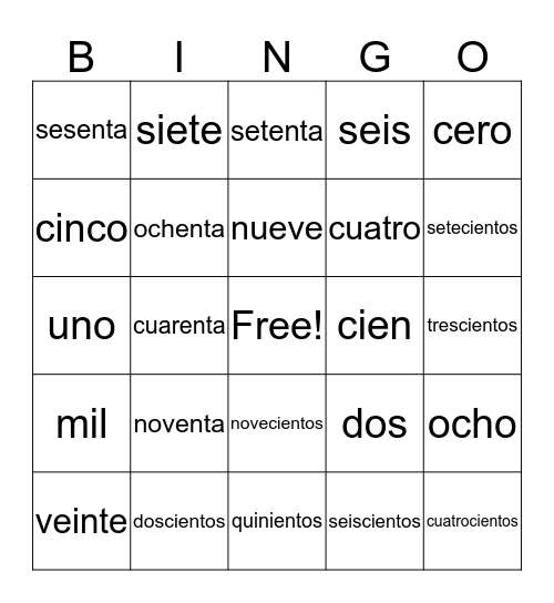Números 0-10, 20-1.000 Bingo Card