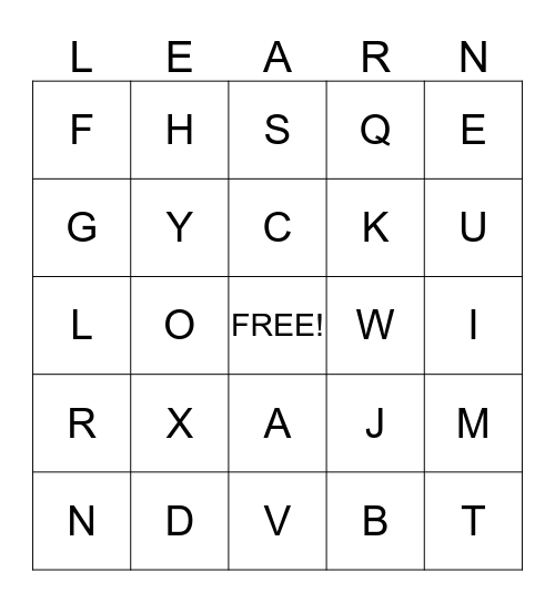 Upper Case Alphabet Bingo Card