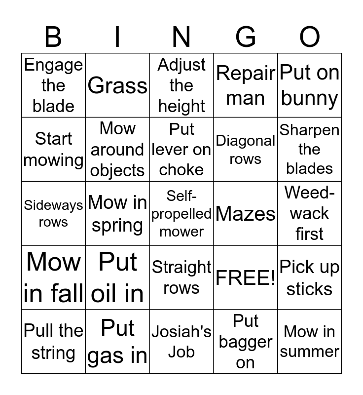 Honda Lawnmower Bingo Card