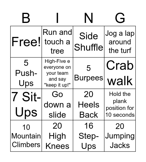 Fitness Bingo Card