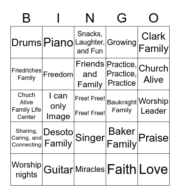 Worship Team Bingo Card