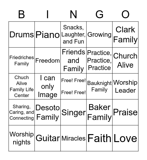 Worship Team Bingo Card