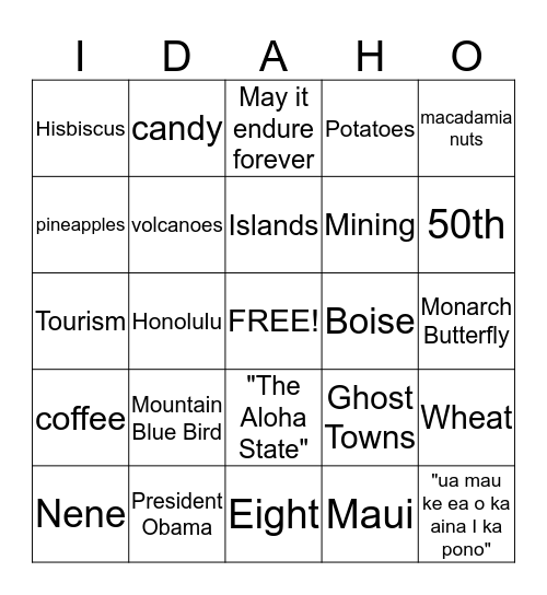 Hawaii&Idaho Bingo Card