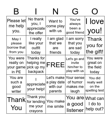 Kind Words for Friends Bingo Card