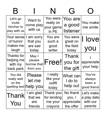 Kind Words for Friends Bingo Card