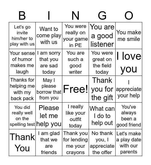 Kind Words for Friends Bingo Card