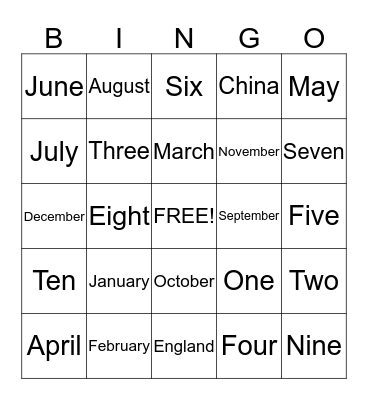 Months Of The Year Bingo Card