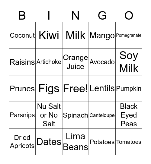 High Potassium Foods Bingo Card