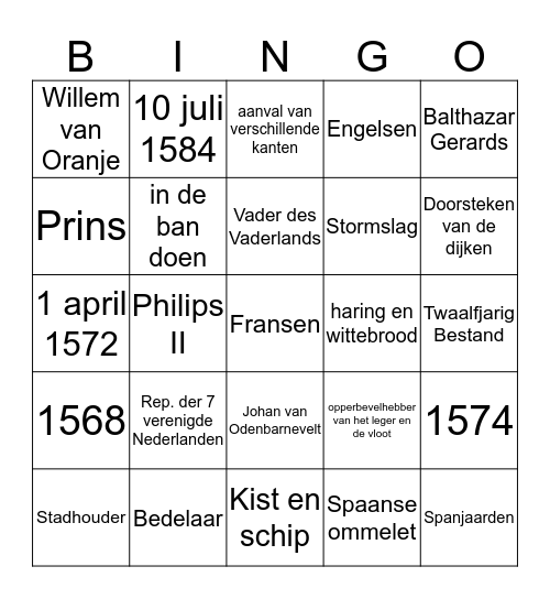 Geschiedenis hoofdstuk 2 Bingo Card