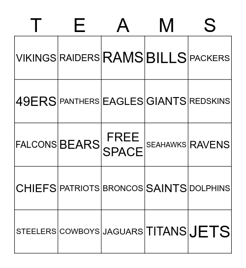 NFL BINGOS Bingo Card