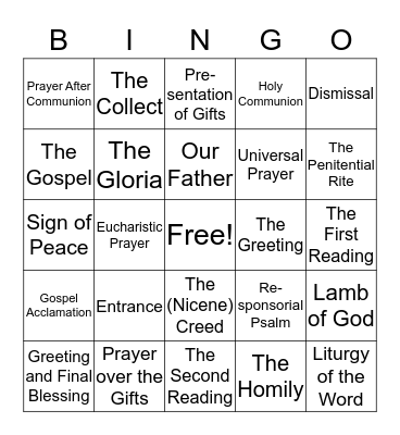 Parts of the Mass Bingo Card
