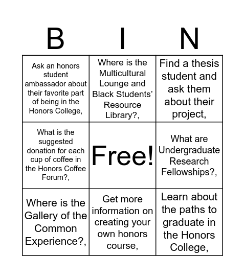 Honors College: Meet the Professor Night Bingo Card