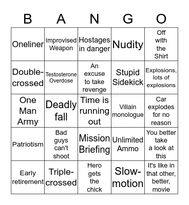Action Movie Trope Bingo Card