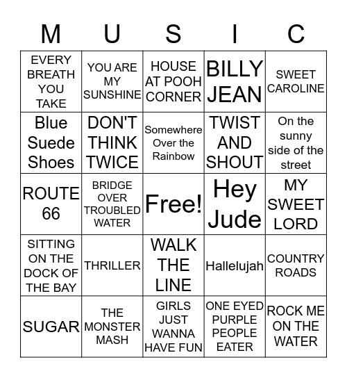 Music Bingo November 18 Bingo Card