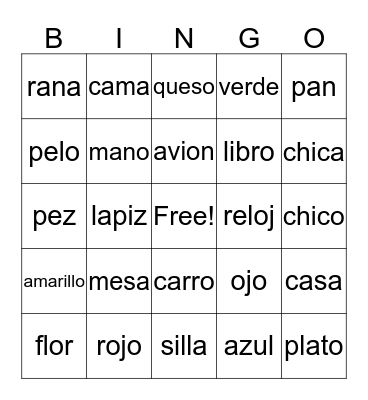Spanish Vocab Bingo Card