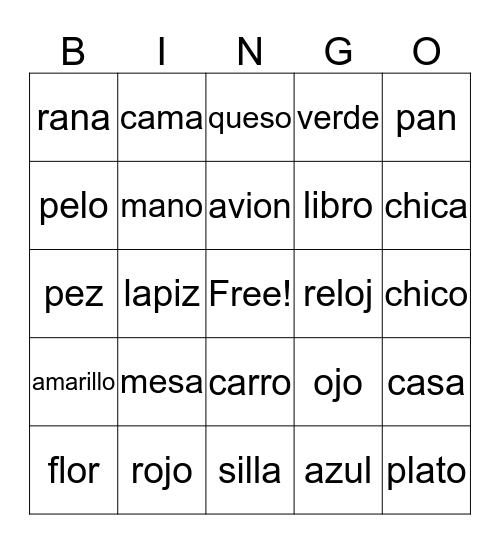 Spanish Vocab Bingo Card
