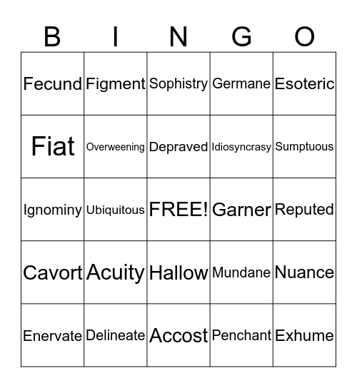 Unit 5 Vocabulary Bingo Card