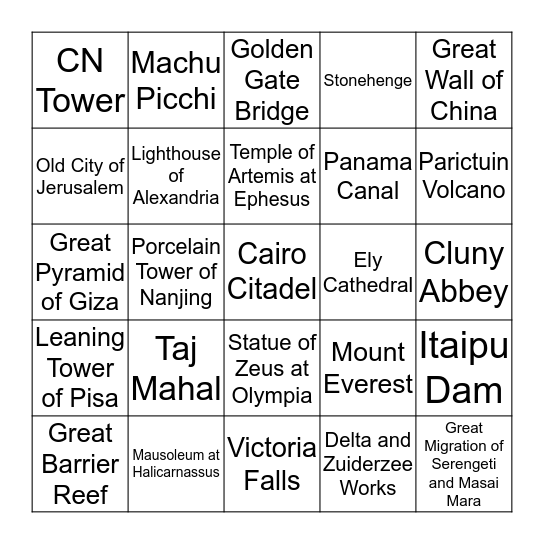 Wonders of the World Bingo Card