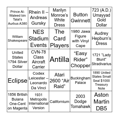 Expensive Items Bingo Card