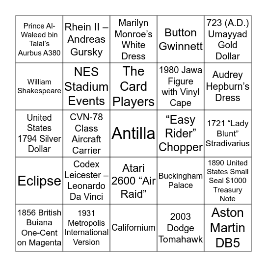 Expensive Items Bingo Card