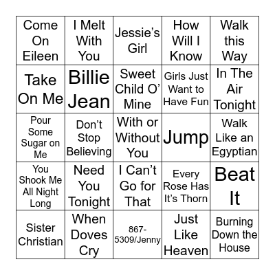 Popular 80's Songs Bingo Card