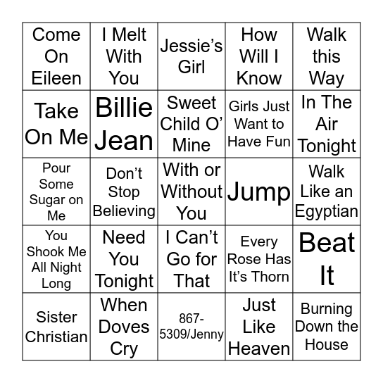 Popular 80's Songs Bingo Card