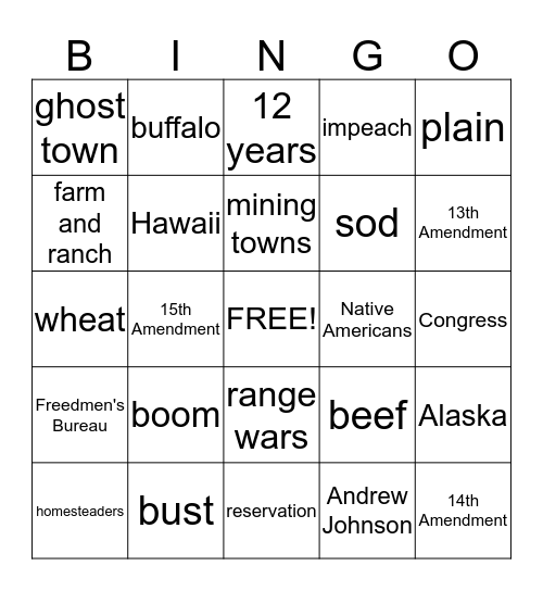 Reconstruction and the Move West Bingo Card