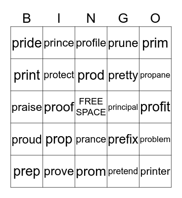 Words with "pr" Bingo Card