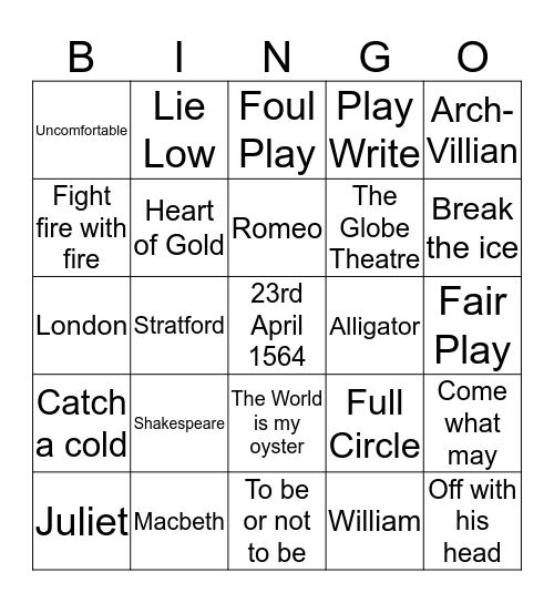 Shakespeare Bingo Card