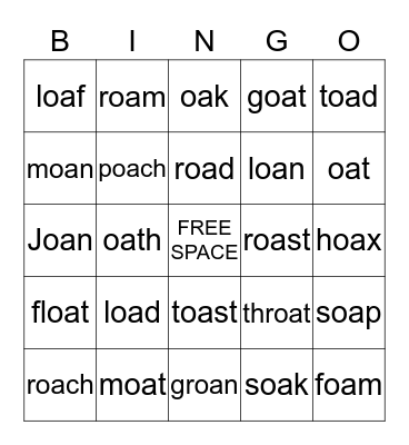 Words with "oa" Bingo Card