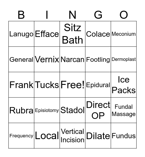 OB Sim Lab Day 1 Bingo Card