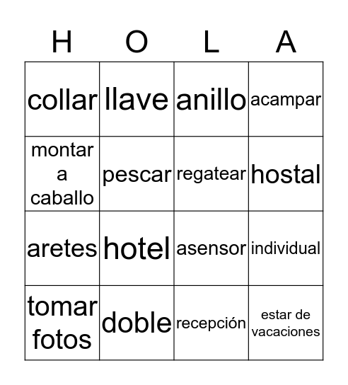 Vocab 1.2 Vacaciones Bingo Card