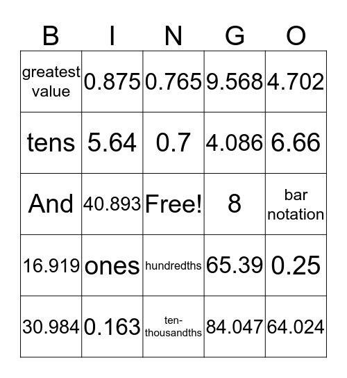 Decimals Bingo Card