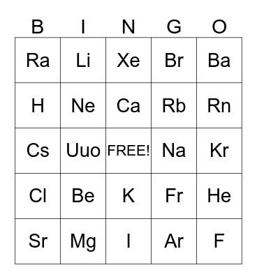 Alkaline Earth Metals Bingo Card