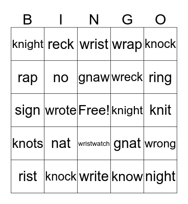 Spelling Words: Silent Letters Bingo Card