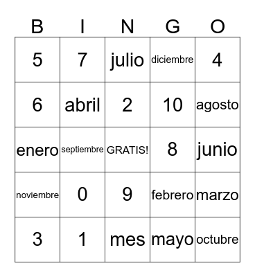 Numeros y Meses Bingo Card