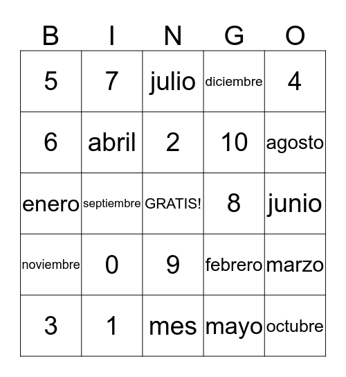 Numeros y Meses Bingo Card