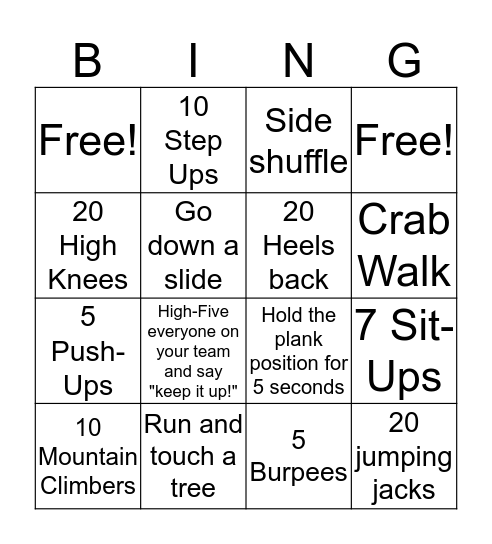 Fitness Bingo Card