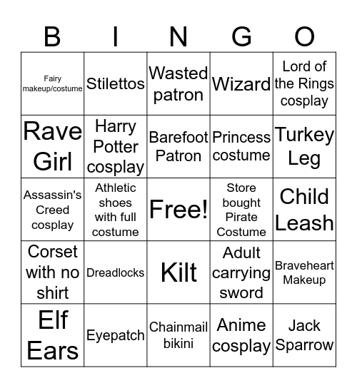 Ren Faire Bingo Card