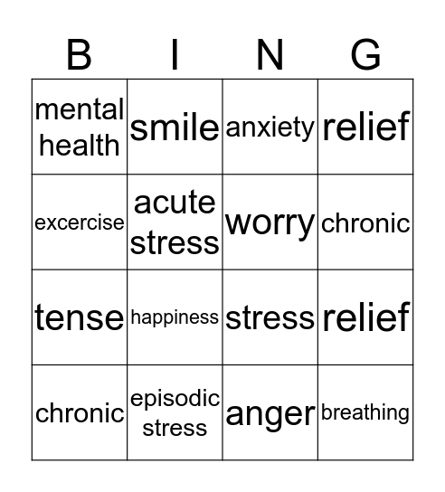 Stress Free Bingo Card