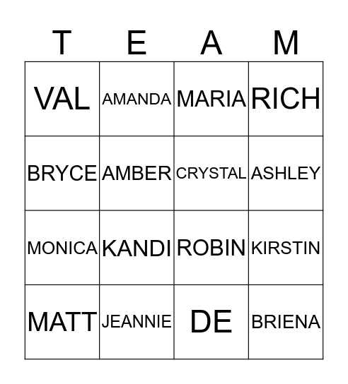 TEAM Bingo Card