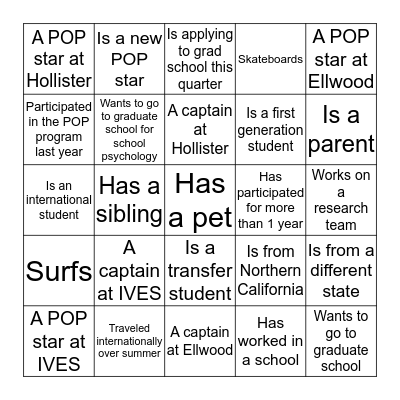 A captain at IVES, A captain at Ellwood, A captain at Hollister, A POP star at IVES, A POP star at Ellwood, A POP star at Hollister, Participated in the POP program last year, Is a new POP star, Has participated for more than 1 year, Is a transfer stud Bingo Card