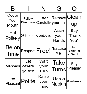 Manners Bingo Card