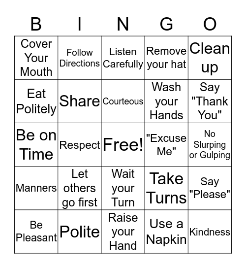 Manners Bingo Card