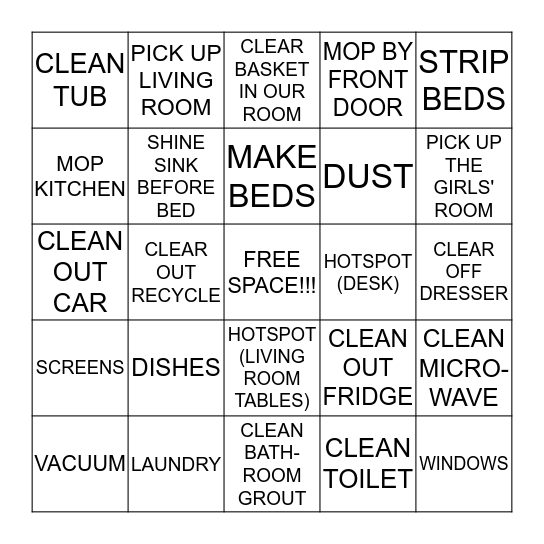 Cleaning Bingo Card